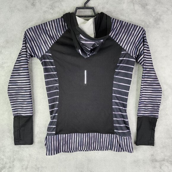 Womens Reebok Athletic Hooded Shirt Black & Purple Striped Long Sleeve Size XS - Picture 6 of 9